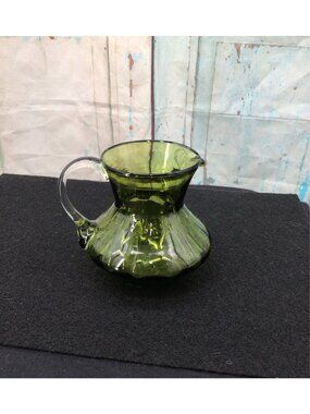 Vintage Handblown Green Glass Pitcher With Handle - Ribbed Design - Small Decora